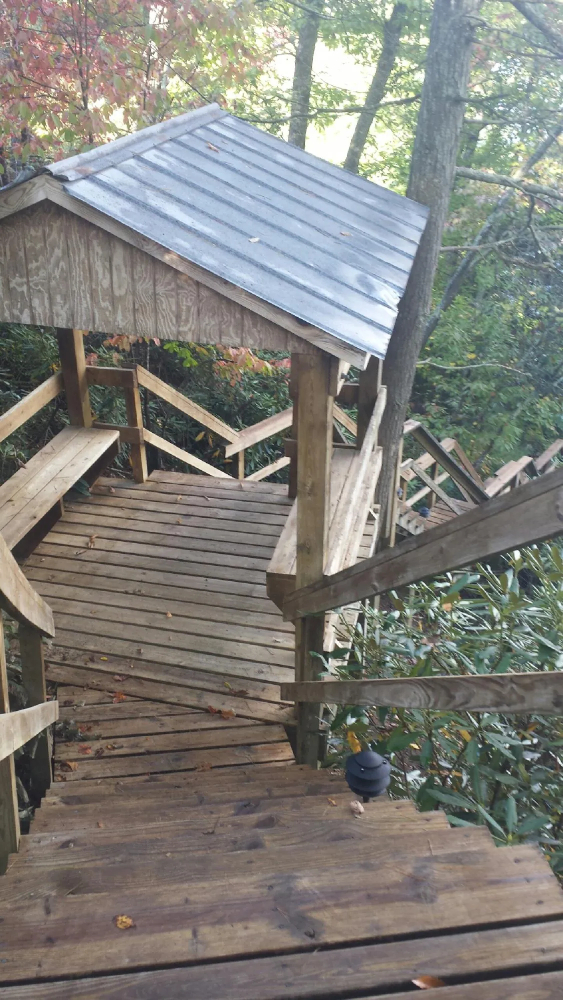 Metal roofed shelter over wooden steps on a wooded walkway — Skylight Repair & Installation work by our crew in Wise River